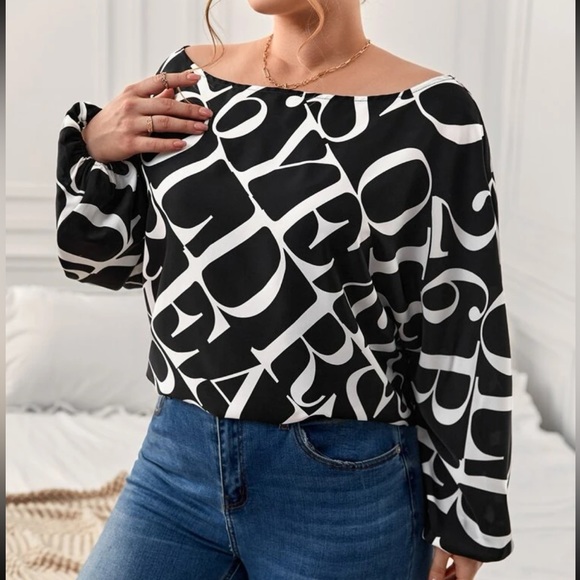 Classic Elegant Abstract Alphabet Letter Print Batwing Sleeve Top Blouse - Picture 7 of 11